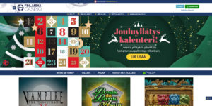 Finlandia Casinon etusivusta joulukuussa 2021 otettu kuvakaappaus. Joulukalenterista kertova mainosbanneri yläosassa, ja sen alla muutaman kolikkopelin kansitaiteet.